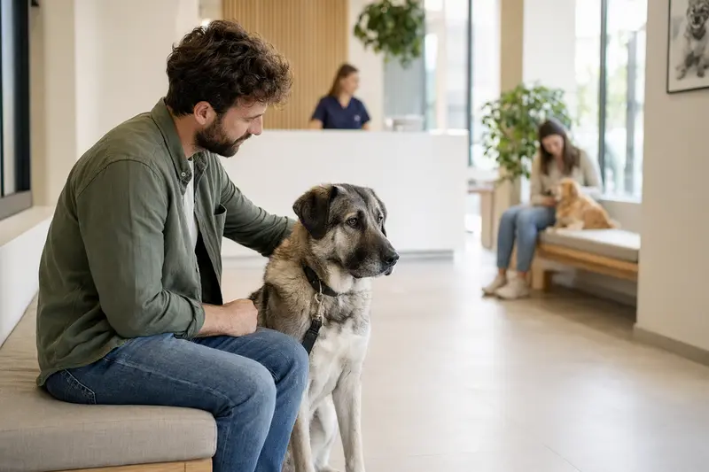 Ein Anatolischer Hirtenhund sitzt entspannt neben seinem Besitzer im modernen Wartezimmer einer Tierarztpraxis.